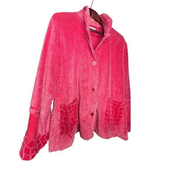 Vtg Norm Thompson Chenille Cardigan Pink/Red Unique Patterned Pockets & Sleeves - Picture 3 of 16